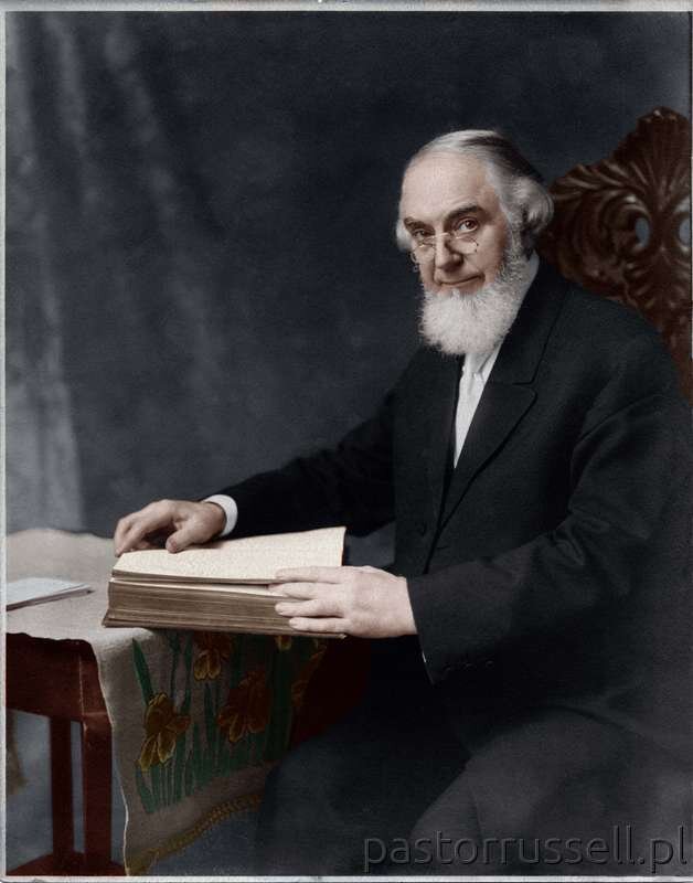 Pastor Russell - 1911 - Looking Up From Bible - Retouched - Colorized Wynik